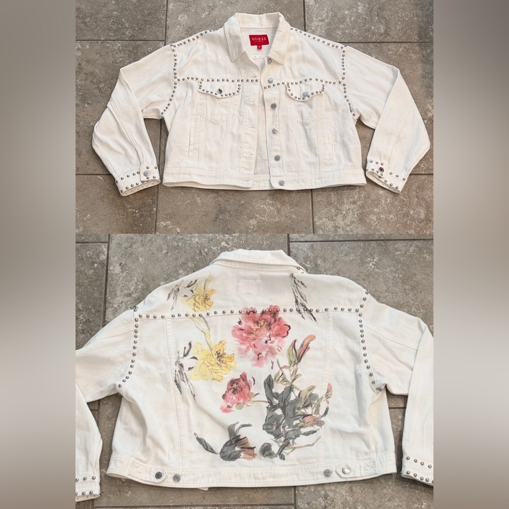 GUESS White Studded Cropped Denim Jacket-Silver Accents & Floral Back Design XL